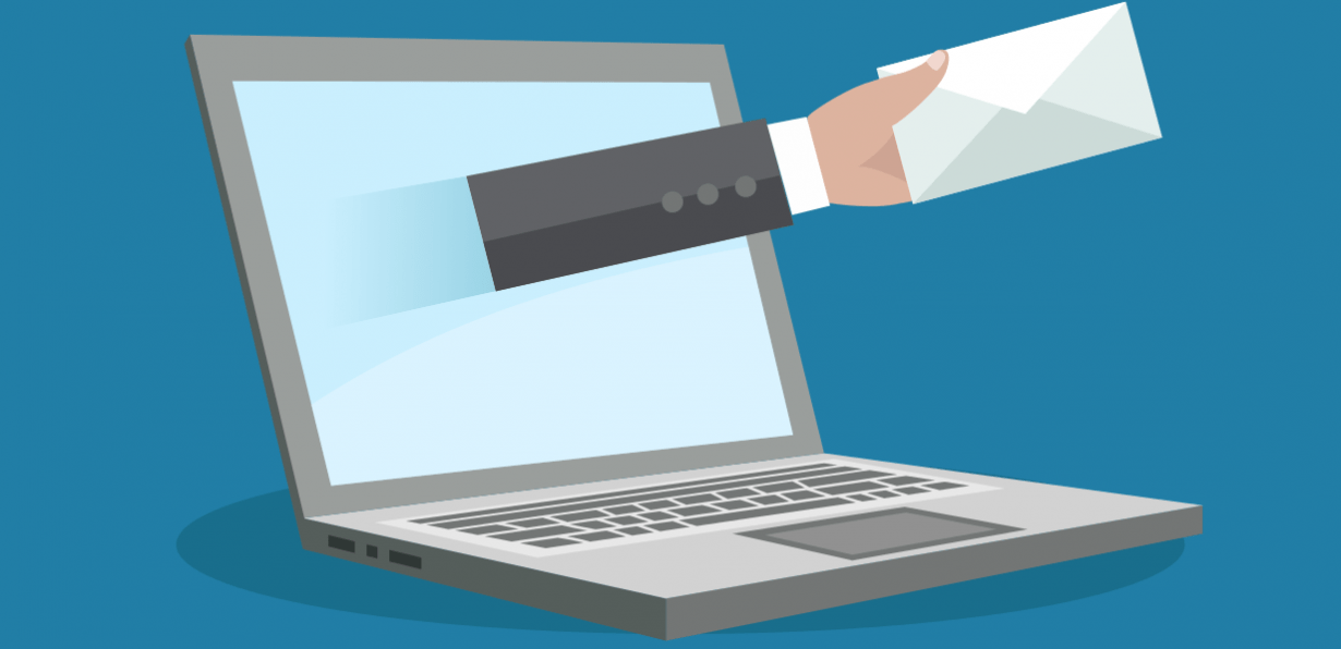 Businessman's arm reaching out of a laptop to deliver mail